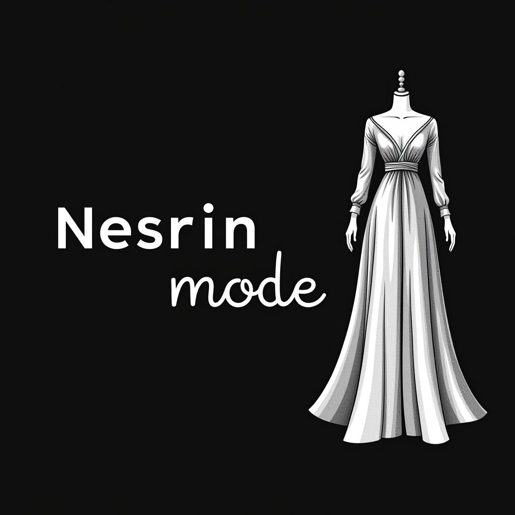  design a logo, in a threedrender style. nesrin mode hintergrund schwarz schrift weiß neben ein gezeichnetes langes kleid , with the text 'nesrin mode '.