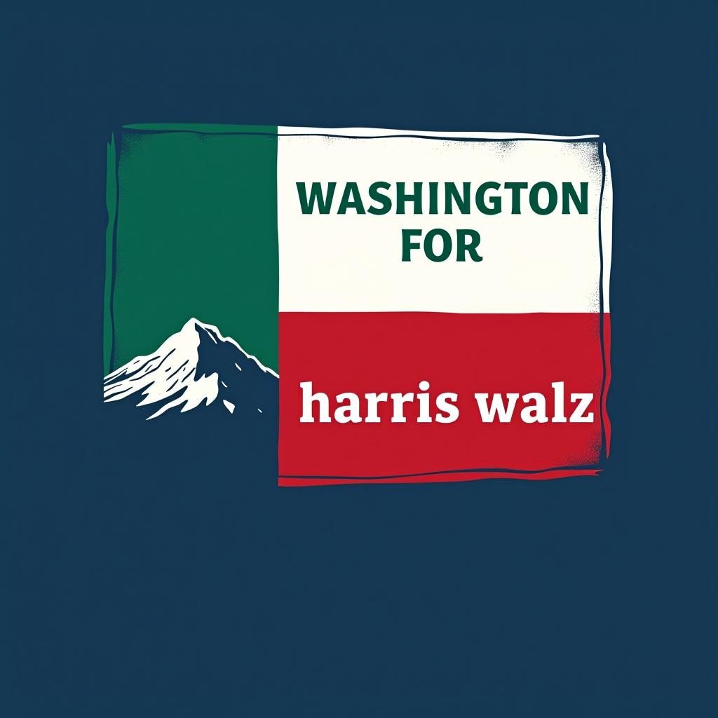  a tshirt design inspired by the washington state flag. the left side features a green vertical stripe with a large mountain in the center. the right side is divided into two horizontal sections: the top section is white with the text 'washington for' in bold, green, uppercase letters, and the bottom section is red with the text 'harris walz' in bold, white, uppercase letters. the overall layout is clean and straightforward, with a clear and patriotic color scheme of blue, white, and red.