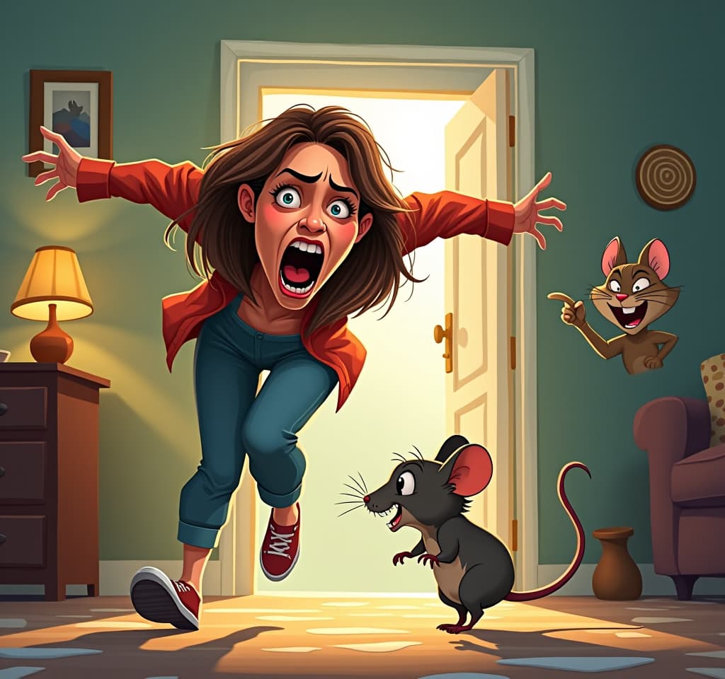  concept art (humorous illustration, double exposure:1.3). a very frightened woman being chased by a small mouse. (in the background, the cat laughs maliciously, smirks and points at the woman with his finger:1.5). home environment. exaggerated facial expressions and movements, body language, bright colors, cartoon style, comic book style. . digital artwork, illustrative, painterly, matte painting, highly detailed hyperrealistic, full body, detailed clothing, highly detailed, cinematic lighting, stunningly beautiful, intricate, sharp focus, f/1. 8, 85mm, (centered image composition), (professionally color graded), ((bright soft diffused light)), volumetric fog, trending on instagram, trending on tumblr, HDR 4K, 8K