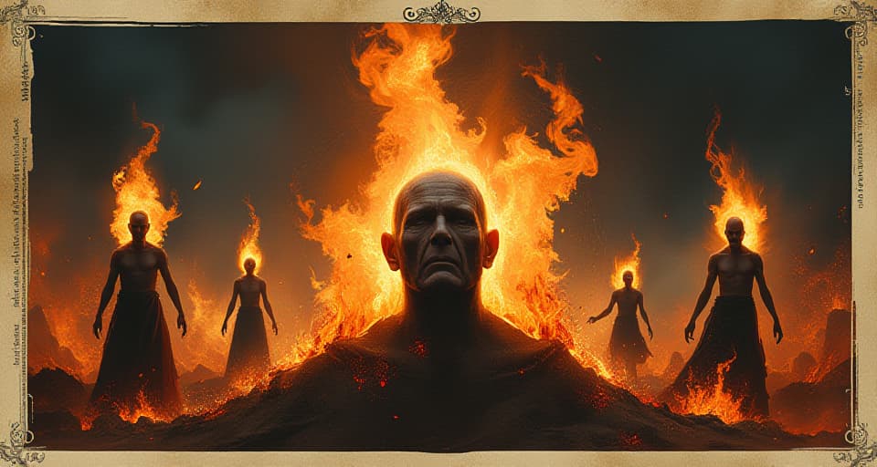  figures engulfed in flames, facing the consequences of their actions, burning with regret, intense suffering, retribution. an illustration in the style of a worn, mystical old tarot trump card, mysterious and elements of surrealism. the colors are muted, somber and eerie, but with contrast bring out an occult and esoteric vibe.