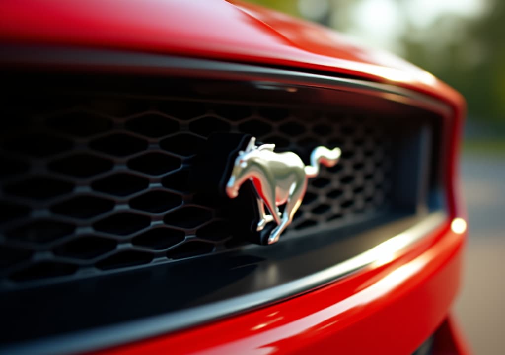  "a hyper realistic close up image of the front grille of a red lamborghini. the focus is on the lamborghini emblem, which is prominently displayed in the center of the grille. the shiny metallic surfaces of the emblem and grille reflect the warm glow of the surrounding lights, adding depth and realism. the background is slightly blurred, with hints of the car's sleek bodywork visible. the scene is illuminated by soft, natural light, creating a cinematic effect similar to the original mustang image."