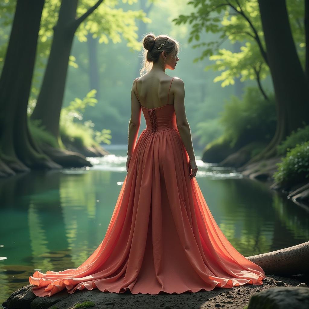  hyperrealistic art beautiful in a beautiful fantasy dress stands near a beautiful river in the forest, the photo is realistic, natural, professional, super high quality, cinematic, fantasy, fantasy . extremely high resolution details, photographic, realism pushed to extreme, fine texture, incredibly lifelike