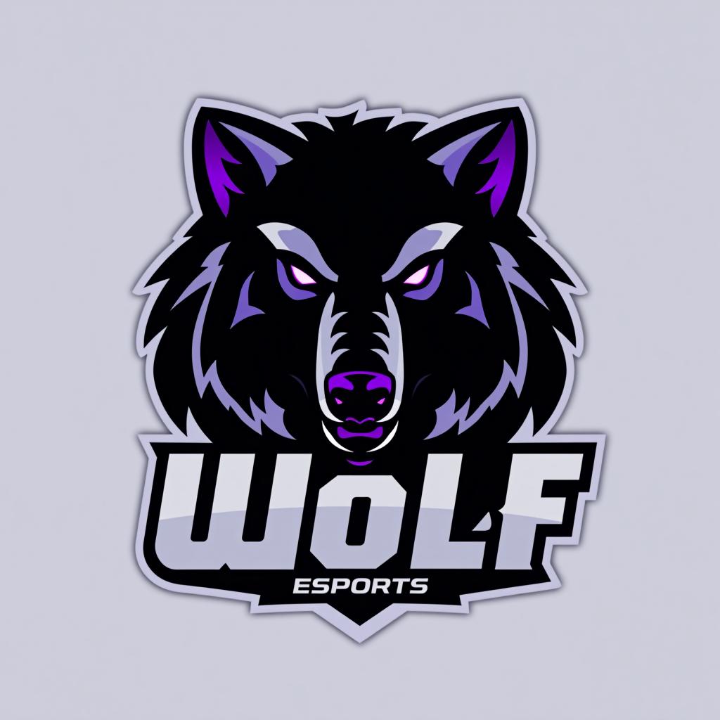  design a logo, esports logo, wütender bär, schwarz und lila farbe, with the text 'wolf esports'.