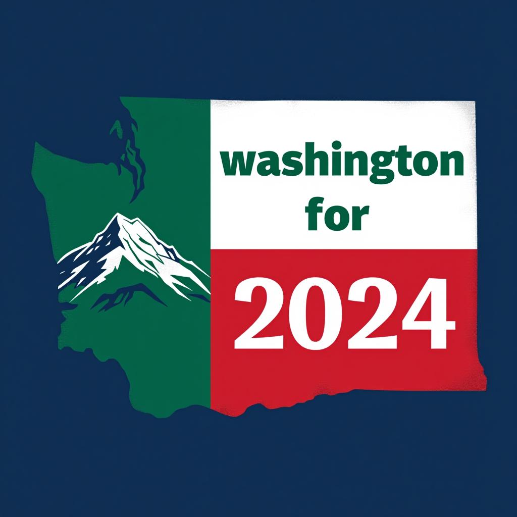  a tshirt design inspired by the washington state flag. the left side features a green vertical stripe with a large mountain in the center. the right side is divided into two horizontal sections: the top section is white with the text 'washington for' in bold, green, uppercase letters, and the bottom section is red with the text 'harris walz 2024' in bold, white, uppercase letters. the overall layout is clean and straightforward, with a clear and patriotic color scheme of blue, white, and red.