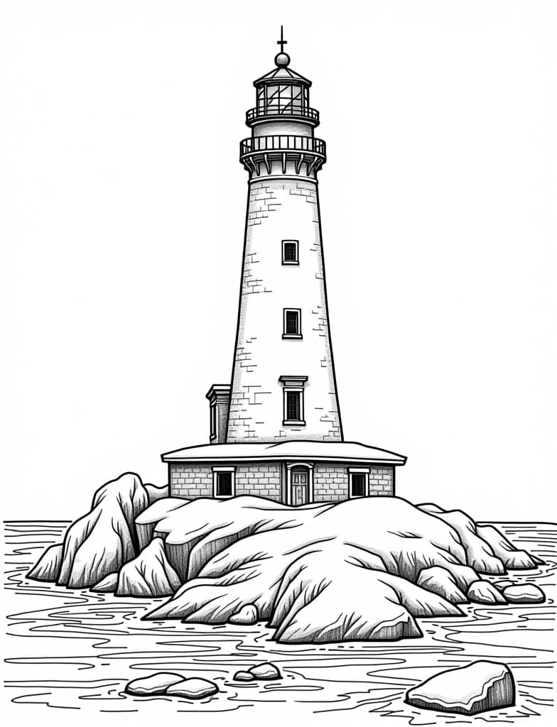  this is for an adult coloring page. a detailed black and white line art of a snowy snow covered lighthouse guiding ships through icy waters on a solid white background.