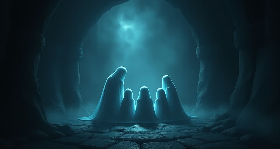  dimly lit chamber, ethereal beings huddled together, the room heavy with darkness. mood: isolated, gloomy.. the style is digital art illustration,highly detailed, whimsical,magical, dreamlike atmosphere, realism and fantasy blend, smooth, glossy textures,luminous quality, wonder and enchantment.