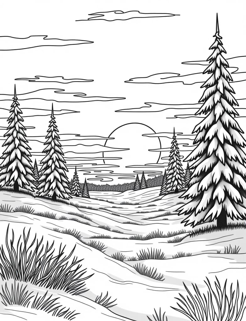  this is for an adult coloring page. a detailed black and white line art of a snowy winter sunset over a snow covered field on a solid white background.