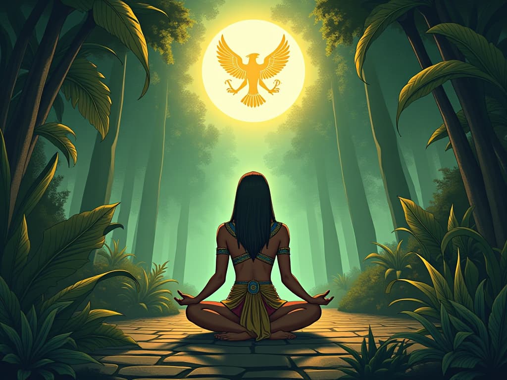  a figure seated in solitude in a lush garden, radiating inner peace, symbols of wisdom and strength emerging from the surrounding vegetation. the style is digital art illustration / modern comic book / mysterious occult, symbolic, esoteric vibe,high detail on character design, incorporating ancient egyptian symbology and attire.