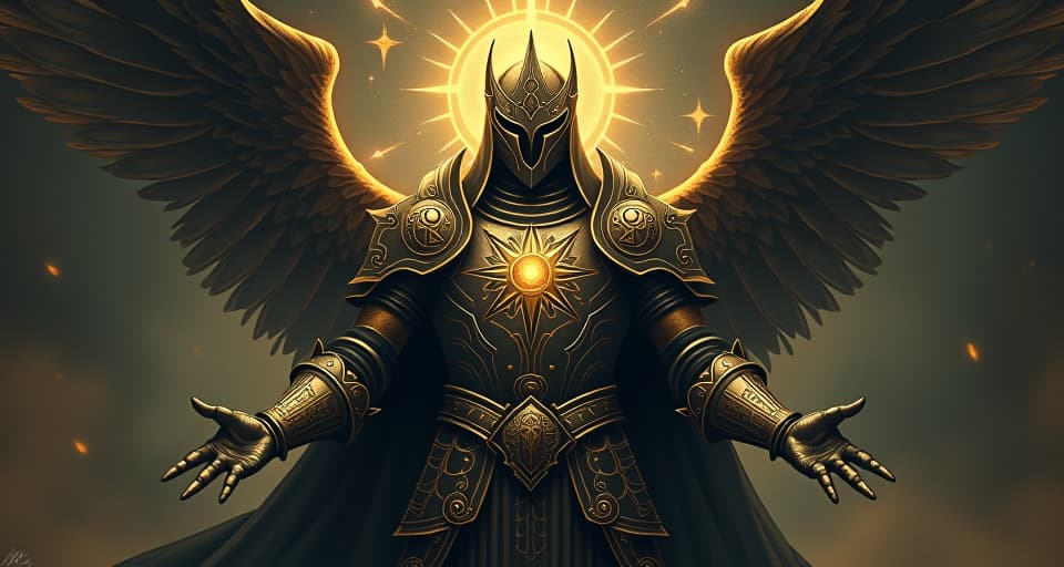  a grand suit of divine armor with sacred symbols, pulsating with a celestial glow, powerful and imposing, detailed engravings, majestic, divine power, glowing radiance. an illustration in the style of a worn, mystical old tarot trump card, mysterious and elements of surrealism. the colors are muted, somber and eerie, but with contrast bring out an occult and esoteric vibe.