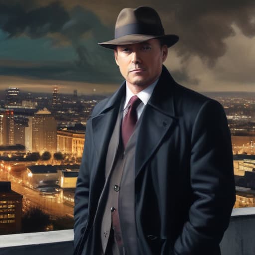 Reymond reddington in Oil painting style with City background