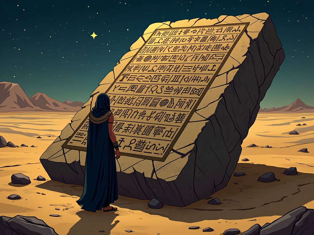  giant stone tablet covered in hieroglyphs, crumbling edges, ancient secrets visible, placed in the middle of a desert, under a starry night, mystical aura. the style is digital art illustration / modern comic book / mysterious occult, symbolic, esoteric vibe,high detail on character design, incorporating ancient egyptian symbology and attire.