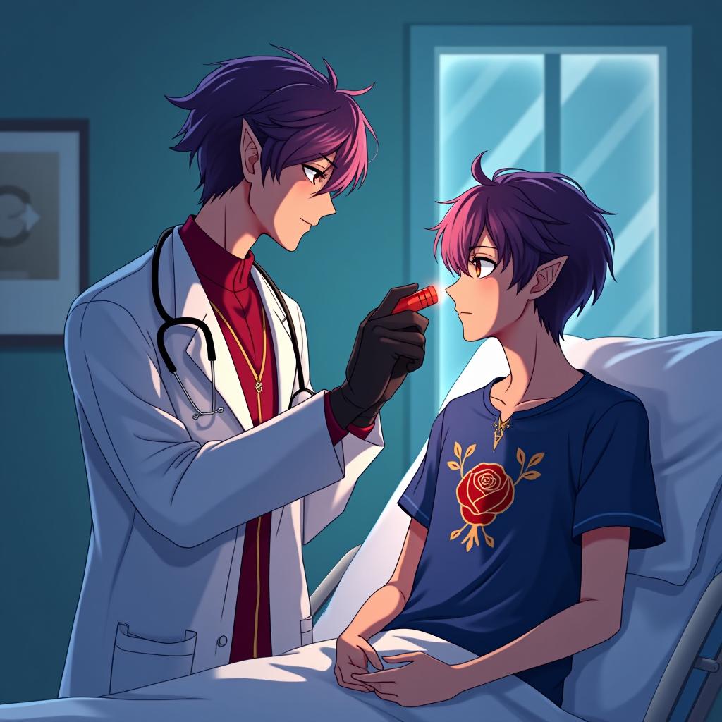  anime artwork a male dark elf doctor in a hospital room, holding a small red pocket flashlight in his left hand in a black glove, began to check the eyesight of his younger brother, a dark elf with cherry hair and amber eyes, who was sitting opposite on a hospital bed in a blue t shirt. the shirt. the shirt. the shirt. the shirt. with a pattern in the form of a golden rose with a scarlet bud. appearance of the doctor: a dark elf man with marble white skin, purple hair with a scarlet tint, pointed tips of ears, lavender eyes with a red tint, dressed in a red purple shirt embroidered with red gold, embroidery is made in the style of stems of plants stylized as zippers, tight fitting a tight fitting white medical coat is worn hyperrealistic, full body, detailed clothing, highly detailed, cinematic lighting, stunningly beautiful, intricate, sharp focus, f/1. 8, 85mm, (centered image composition), (professionally color graded), ((bright soft diffused light)), volumetric fog, trending on instagram, trending on tumblr, HDR 4K, 8K