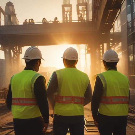 A photo of a group of construction workers engaged in heavy lifting and teamwork at a bustling construction site early in the morning with warm, golden sunlight casting long shadows and enhancing the vibrant hues of their safety vests and hard hats.