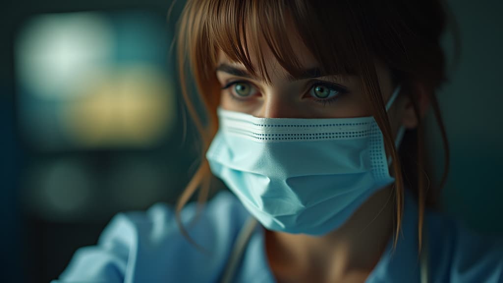  tired and depressed nurse with face mask having a burnout, high quality, high details, hd, perfect composition, 4k epic detailed, highly detailed, sharp focus, high resolution