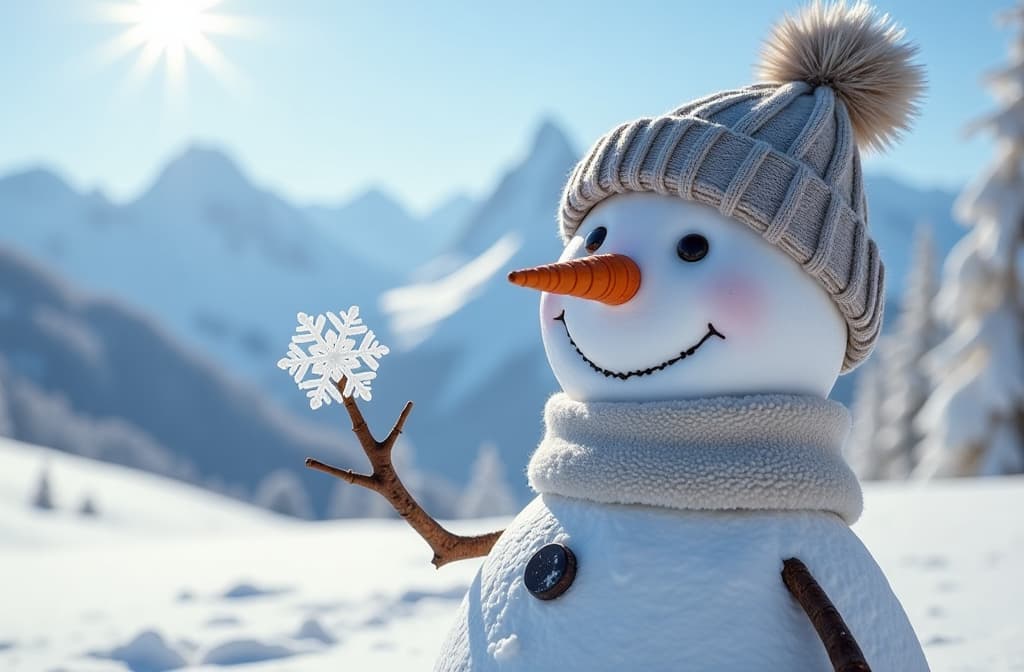  smiling snowman with snowflake in hand, close up, against snowy mountains, sunlight, blue sky, blurred background ar 3:2 {prompt}, maximum details