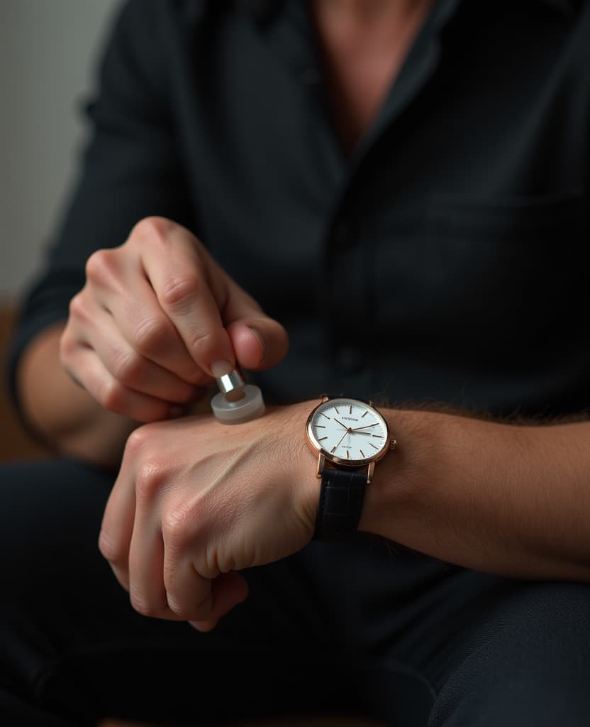  hdr photo of man demonstration of the application process on the wrist with a small perfume, hands, it is convenient to use our product . high dynamic range, vivid, rich details, clear shadows and highlights, realistic, intense, enhanced contrast, highly detailed