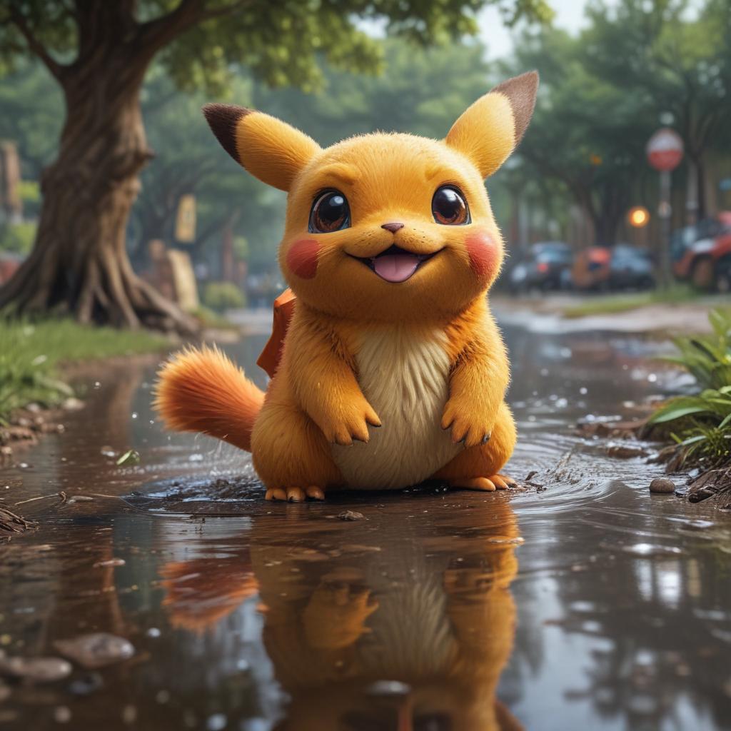 ((masterpiece)),(((best quality))), 8k, high detailed, ultra detailed, Cute Pokemon, (charmander with a happy expression), (pikachu with a cheeky smile), (squirtle playing in a puddle), (eevee napping under a tree) hyperrealistic, full body, detailed clothing, highly detailed, cinematic lighting, stunningly beautiful, intricate, sharp focus, f/1. 8, 85mm, (centered image composition), (professionally color graded), ((bright soft diffused light)), volumetric fog, trending on instagram, trending on tumblr, HDR 4K, 8K