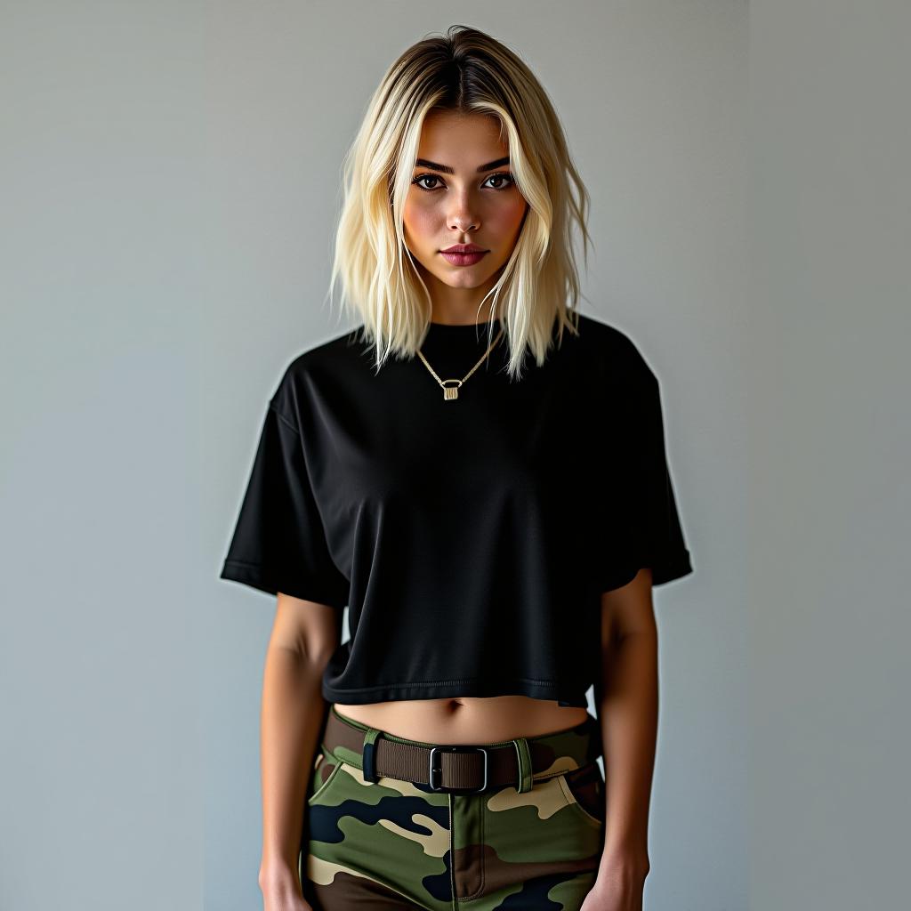  make an image a blonde bob woman with dark brown eyes and dressed in streetwear with camo pants and black shirt