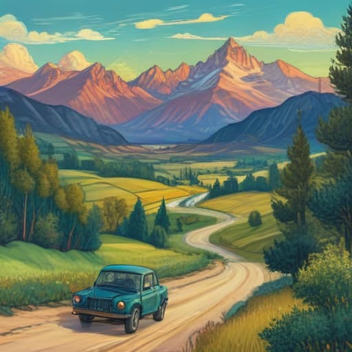 Mountains, trees, field, winding road, car in Van Gogh style with Mountains background