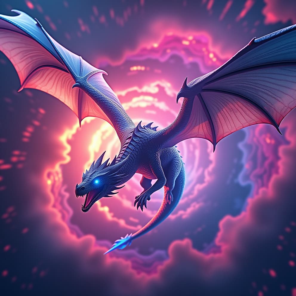  a majestic dragon, wings outstretched, soaring through a swirling vortex of vibrant, neon colored energy, reminiscent of a cyberpunk cityscape. the dragon's scales shimmer with iridescent hues, while its eyes glow with a fierce, ethereal light.hyper detail, intricate details, sharp focus, high resolution, 8k, ultra detailed, vib