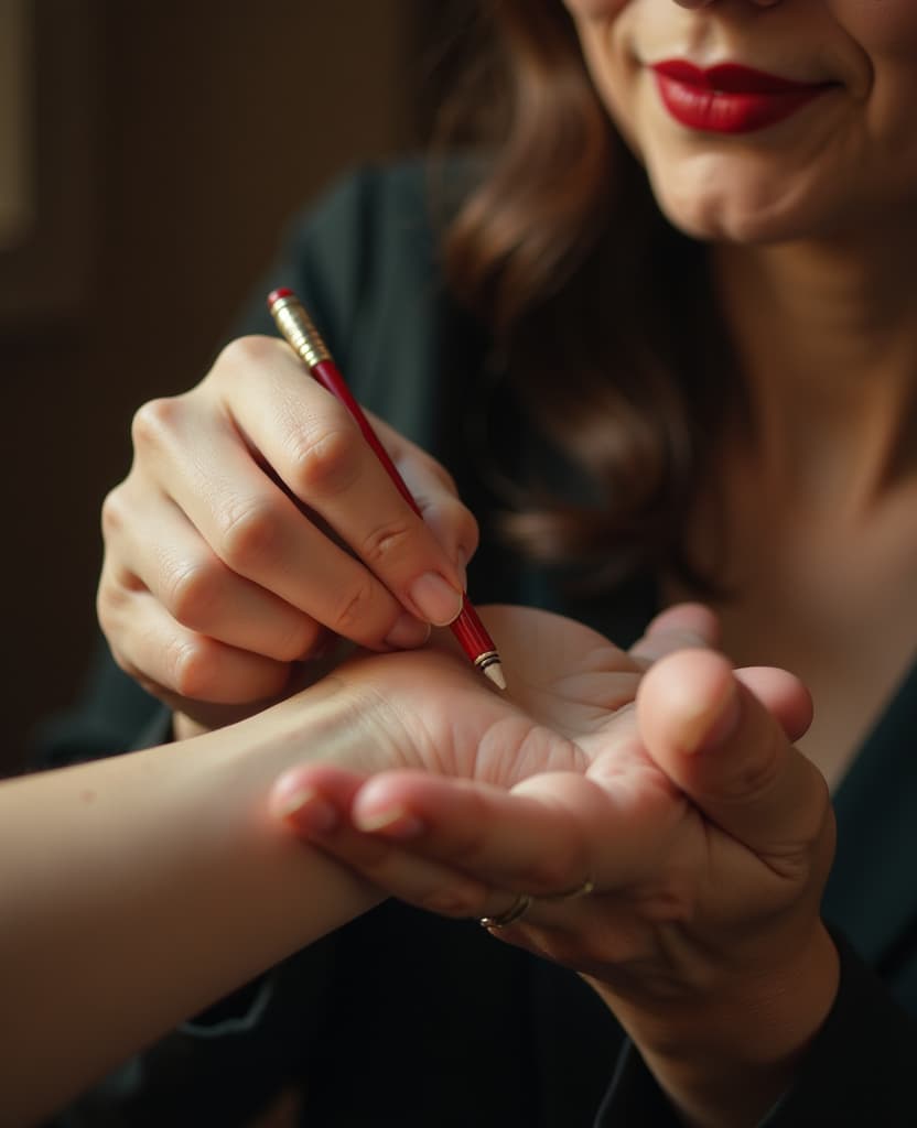  hdr photo of a woman applies a small amount of perfume to her wrist, hands, small pencil, application, close up . high dynamic range, vivid, rich details, clear shadows and highlights, realistic, intense, enhanced contrast, highly detailed