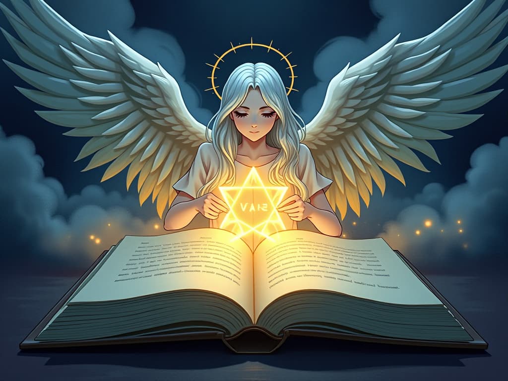  open book, glowing text, mystical symbols floating, angelic presence, ethereal background. the style is a mix of watercolor and oil painting, occultism, ethereal anime artwork, mystical anime, mysterious studio anime