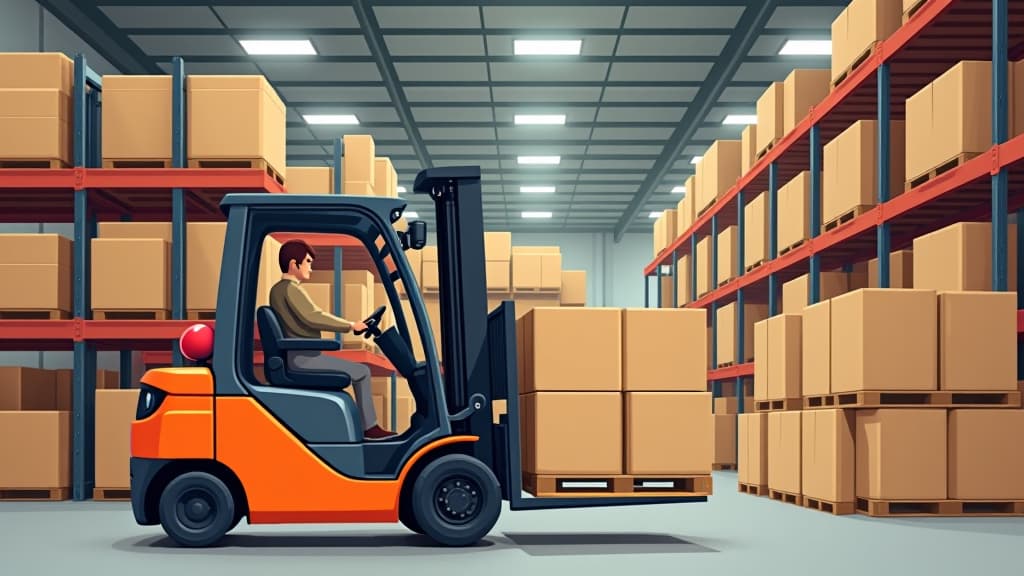  orange and black forklift truck lifting wooden pallet full of cartoon boxes in a warehouse full of containers and packages. industrial storage vehicle doing product distribution, storehouse logistics