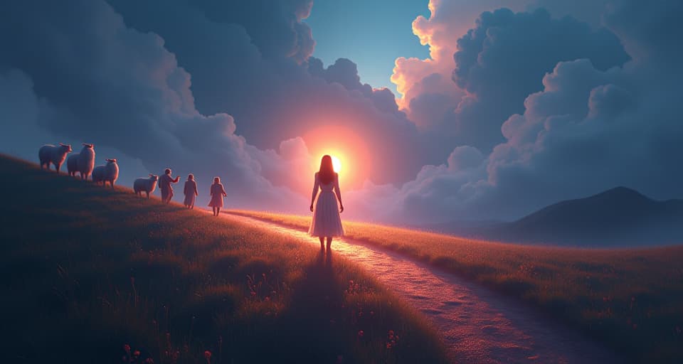  inspiring ethereal being, glowing trail, mystical landscape, leading others, following footsteps.. the style is digital art illustration,highly detailed, whimsical,magical, dreamlike atmosphere, realism and fantasy blend, smooth, glossy textures,luminous quality, wonder and enchantment.