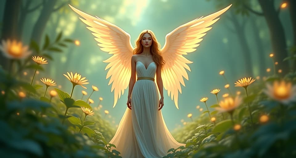  a serene angel in a tranquil garden, her wings shimmering with light. she stands among glowing plants, exuding an aura of impenetrability and unwavering strength. calm garden, radiant presence, unshakable.. the style is digital art illustration,highly detailed, whimsical,magical, dreamlike atmosphere, realism and fantasy blend, smooth, glossy textures,luminous quality, wonder and enchantment.