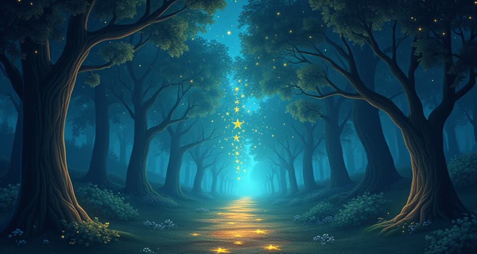  stars aligned in intricate, meaningful patterns, illuminating a path through an enchanted, serene forest. the precise alignment of the stars guides the way forward.. the style is digital art illustration,highly detailed, whimsical,magical, dreamlike atmosphere, realism and fantasy blend, smooth, glossy textures,luminous quality, wonder and enchantment.