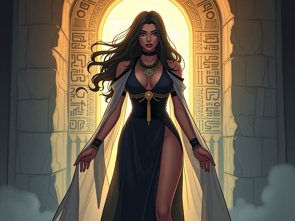  a large busted sorceress in a sheer, form fitting robe, standing before a glowing portal, hieroglyphs carved on the portal, emanating light, aura of transformation. the style is digital art illustration / modern comic book / mysterious occult, symbolic, esoteric vibe,high detail on character design, incorporating ancient egyptian symbology and attire.