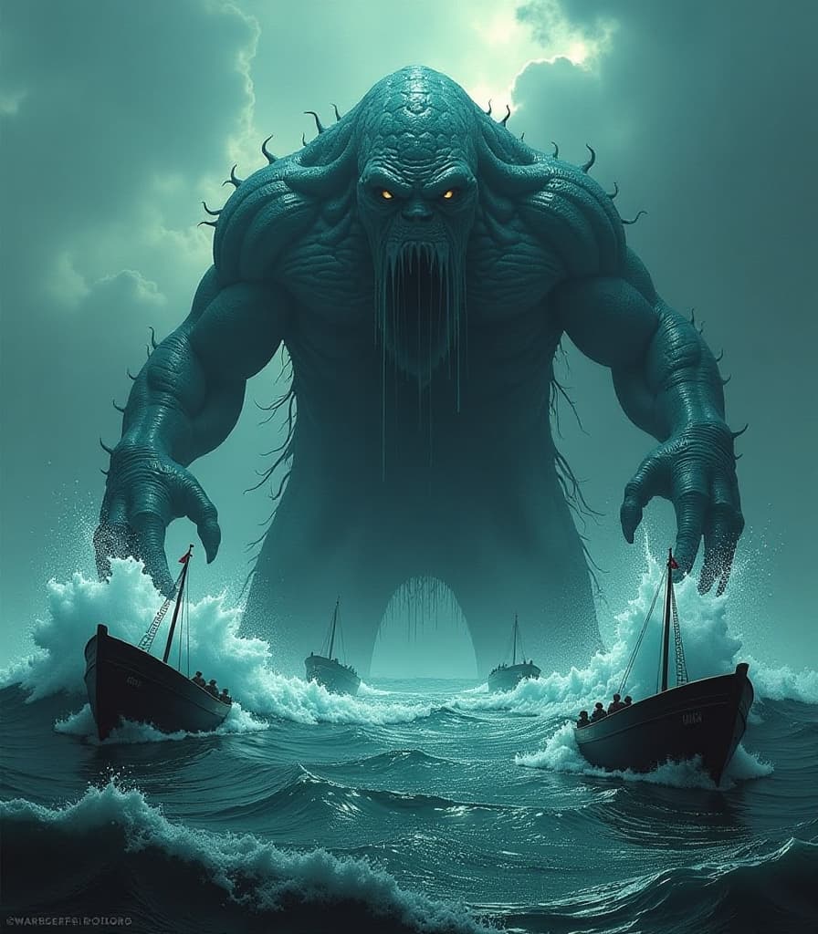  (globster:1.3) (full body:1.2) of a (hp lovecraft creature:1.3) emerging from the (dark waters:1.2), with (water cascading over its textured face:1.1), exuding an impressive presence. surrounding boats (capsize:1.2) amidst the crashing waves, creating a sense of chaos. the scene is rendered in (highly detailed:1.3) (concept art:1.2) style, featuring (intricate details:1.2) and (sharp focus:1.3). the artwork draws inspiration from (simon stålenhag, wayne barlow, and igor kieryluk:1.1), showcasing a (professional ominous aesthetic:1.3) that captivates and terrifies, perfect for a (creepypasta narrative:1.2).