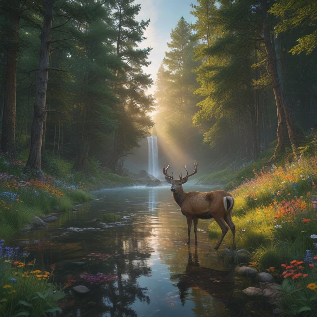 ((masterpiece)),(((best quality))), 8k, high detailed, ultra detailed, Ethereal Harmony: A Symphony of Colors, (a mystical forest) bathed in a kaleidoscope of light, (a shimmering waterfall) cascading into a crystal clear pool, (a field of wildflowers) swaying in the gentle breeze, (a family of deer) peacefully grazing, (a magical rainbow) arching across the sky hyperrealistic, full body, detailed clothing, highly detailed, cinematic lighting, stunningly beautiful, intricate, sharp focus, f/1. 8, 85mm, (centered image composition), (professionally color graded), ((bright soft diffused light)), volumetric fog, trending on instagram, trending on tumblr, HDR 4K, 8K