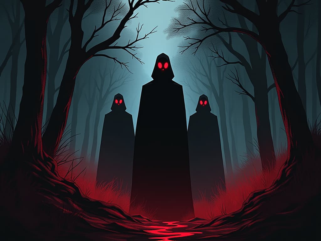  returned spectral figures with hollow red eyes, standing at the edge of a dark forest, aura of insatiable hunger and eerie silence. the style is digital art illustration / modern comic book / graphic dark novel fantasy and mysterious occult, symbolic, moody lighting, esoteric vibe,high detail on character design. for the color scheme emphasize blacks and reds.