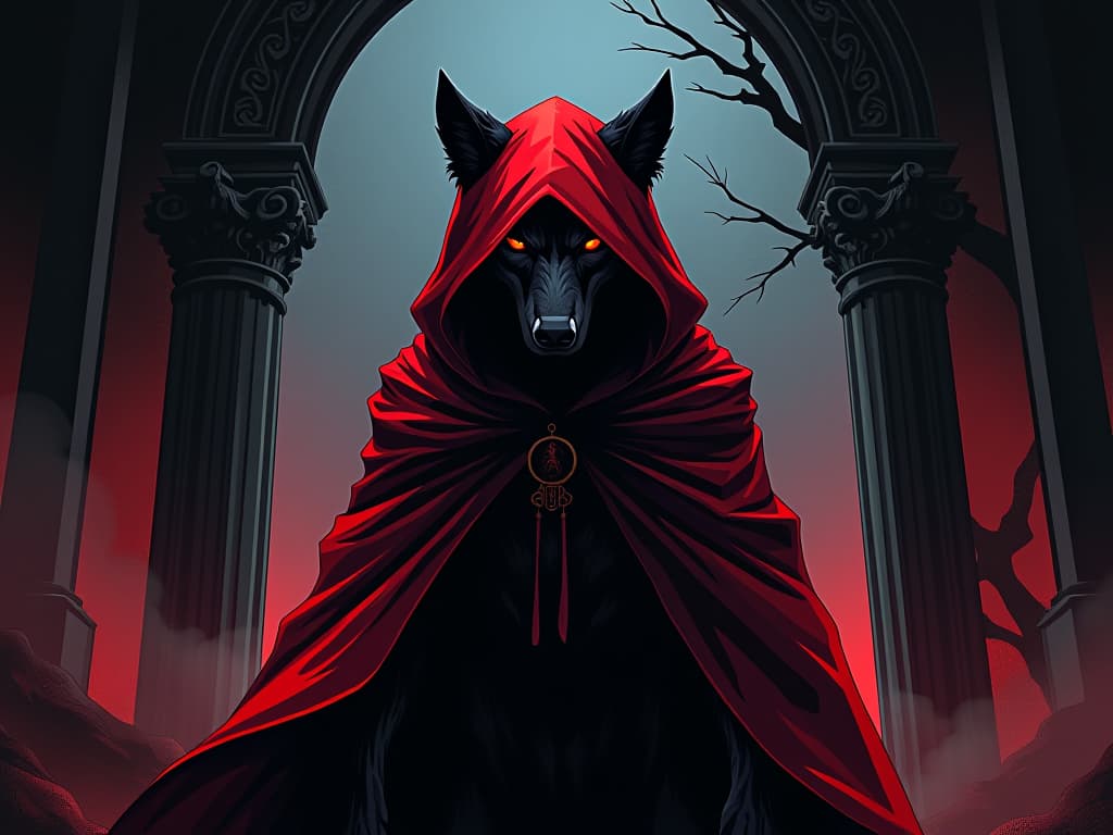  red cloaked wolf, standing at the entrance of a sanctuary, eyes glinting with cunning, atmosphere of betrayal and danger. the style is digital art illustration / modern comic book / graphic dark novel fantasy and mysterious occult, symbolic, moody lighting, esoteric vibe,high detail on character design. for the color scheme emphasize blacks and reds.