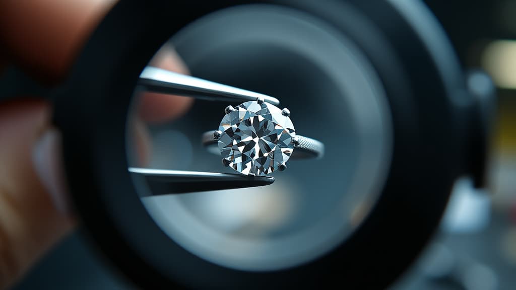  create an image with the following specifications: main subject: description: a detailed close up of a laboratory grown diamond engagement ring being examined under a jeweler's loupe. style: realistic, high detail photography. setting: location: professional jeweler's workbench. composition: framing: macro shot focusing on the ring and loupe, with the workbench visible in the background. style: art movement: contemporary realism. technique: high resolution macro photography. atmosphere: mood: precise, professional, and elegant. color palette: dominant colors: silver, white, soft gold. mood: clean and sophisticated. details: foreground: laboratory grown diamond ring held by tweezers, partially visible through a jeweler's loupe. backgr hyperrealistic, full body, detailed clothing, highly detailed, cinematic lighting, stunningly beautiful, intricate, sharp focus, f/1. 8, 85mm, (centered image composition), (professionally color graded), ((bright soft diffused light)), volumetric fog, trending on instagram, trending on tumblr, HDR 4K, 8K