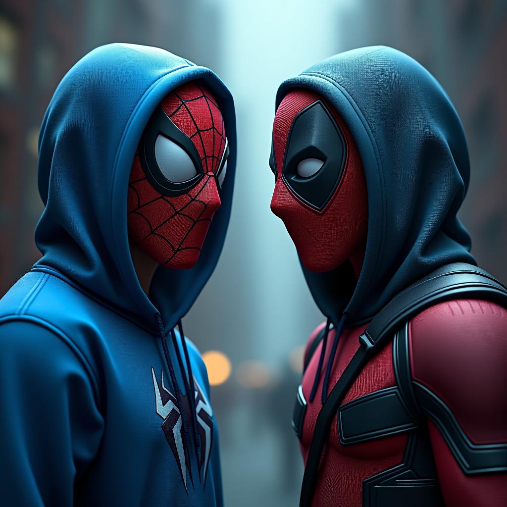  front facing man with a spiderman mask on his face with a blue hoodie with sparky written on hoodie on left side and man with a deadpool mask on his face with a blue hoodie with sparky written on hoodie hyperrealistic, full body, detailed clothing, highly detailed, cinematic lighting, stunningly beautiful, intricate, sharp focus, f/1. 8, 85mm, (centered image composition), (professionally color graded), ((bright soft diffused light)), volumetric fog, trending on instagram, trending on tumblr, HDR 4K, 8K