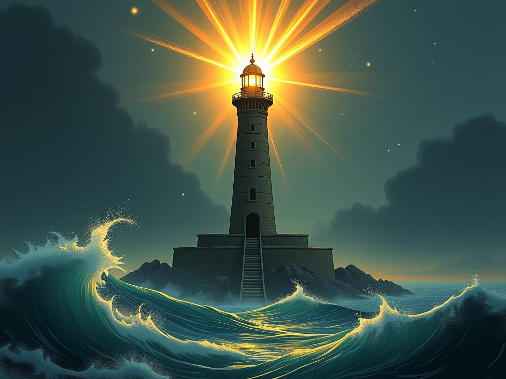  a radiant lighthouse, casting golden beams, amidst turbulent seas, a symbol of hope and guidance. the style is digital art illustration / modern comic book / mysterious occult, symbolic, esoteric vibe,high detail on character design, incorporating ancient egyptian symbology and attire.