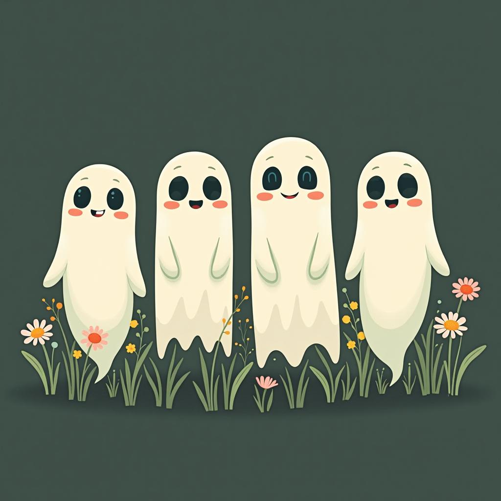  create a digital illustration featuring a row of four or five cute, cartoonish ghost characters, each with a different appearance, standing in different positions within sparse, life like wildflowers.