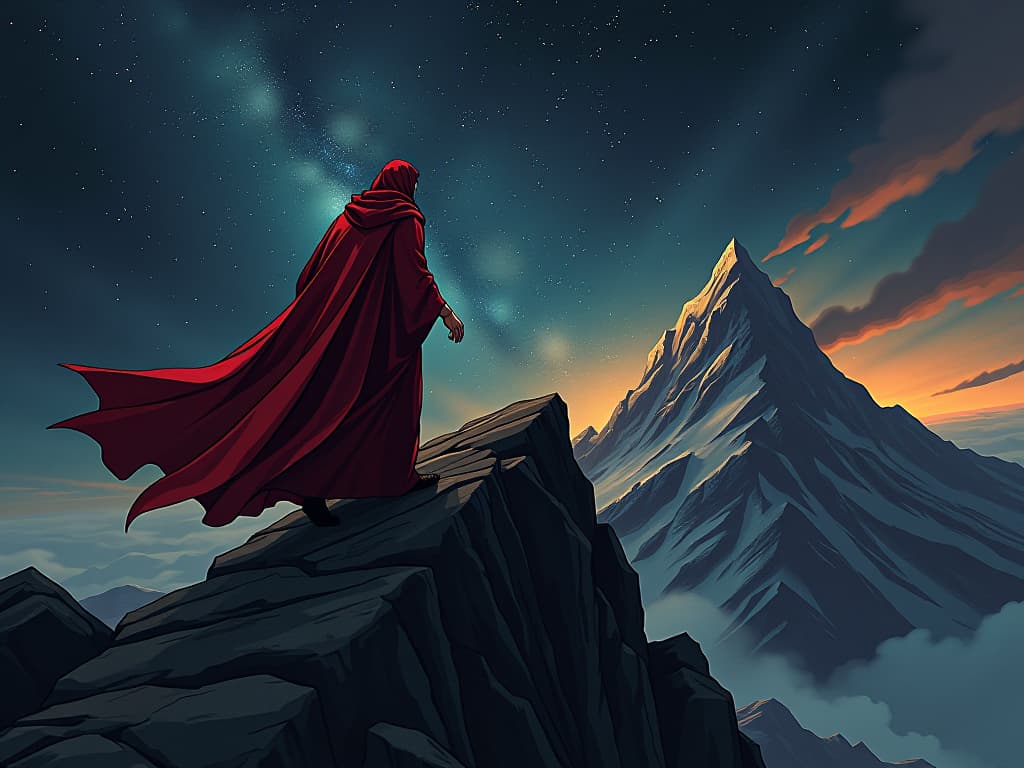  individual in red robes, climbing a steep mountain path, determination in movement, sky filled with stars, representing alignment and striving for betterment. the style is digital art illustration / modern comic book / graphic dark novel fantasy and mysterious occult, symbolic, moody lighting, esoteric vibe,high detail on character design. for the color scheme emphasize blacks and reds.