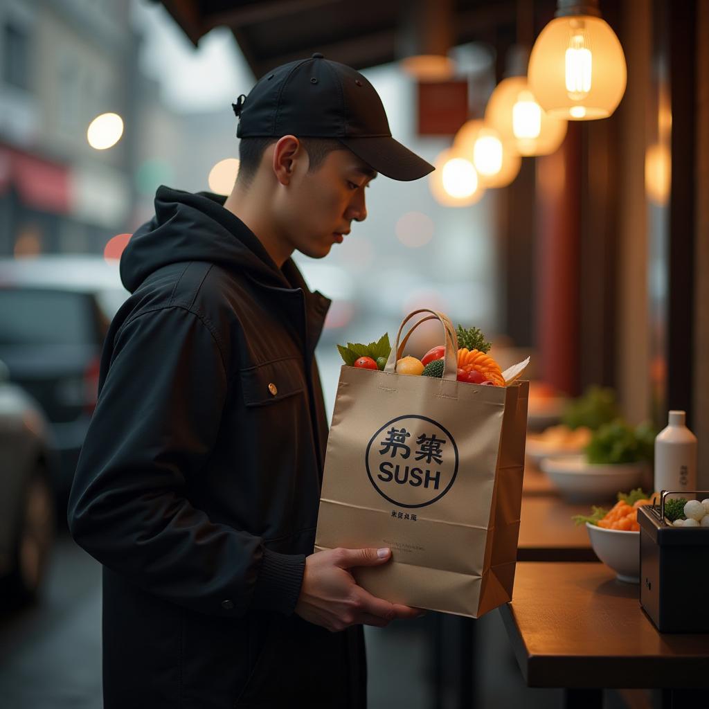  a food delivery person holding a bag with "sushi bar 'izakaya lin'" written on it. hyperrealistic, full body, detailed clothing, highly detailed, cinematic lighting, stunningly beautiful, intricate, sharp focus, f/1. 8, 85mm, (centered image composition), (professionally color graded), ((bright soft diffused light)), volumetric fog, trending on instagram, trending on tumblr, HDR 4K, 8K