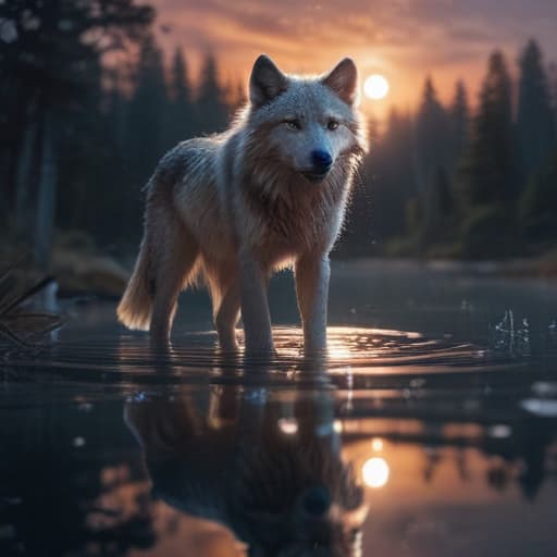 Create a stunning digital artwork of a majestic Water Spirit Wolf emerging from a crystal-clear lake under a full moon. The intricate details of its transparent fur glisten with droplets of water, reflecting the moonlight. Its eyes glow with a mysterious power, embodying the essence of the water element. The ethereal aura surrounding the wolf evokes a sense of calm and tranquility, capturing the essence of its mystical nature. fantastical creatures or characters inspired by mythology, folklore, or popular culture. use vibrant colors, sharp lines, intricate details, dynamic poses, dramatic lighting, atmospheric backgrounds, and blend anime, manga, and Western comic influences.