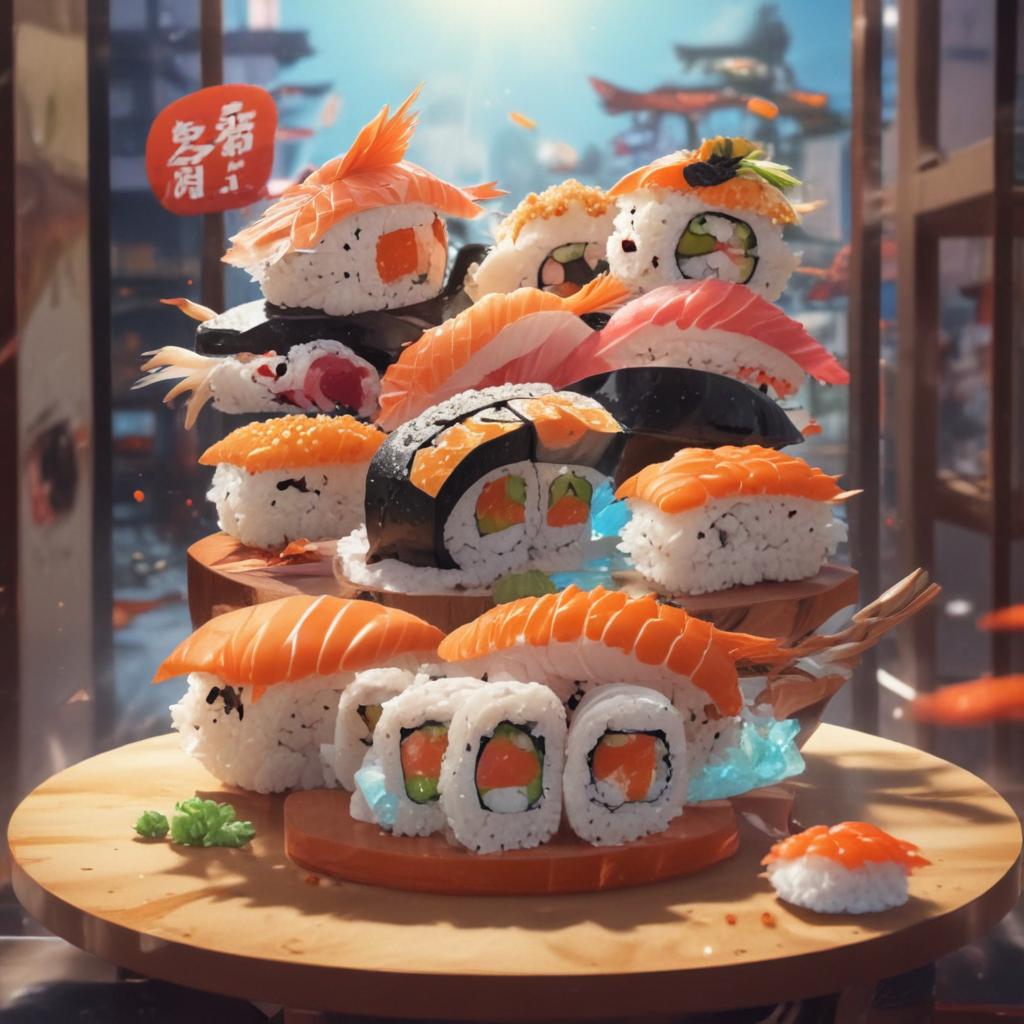 distance-shot, flashy, full-body, dynamic, holographic, animated cartoon poster of sushi scene in the style of dragon ball super