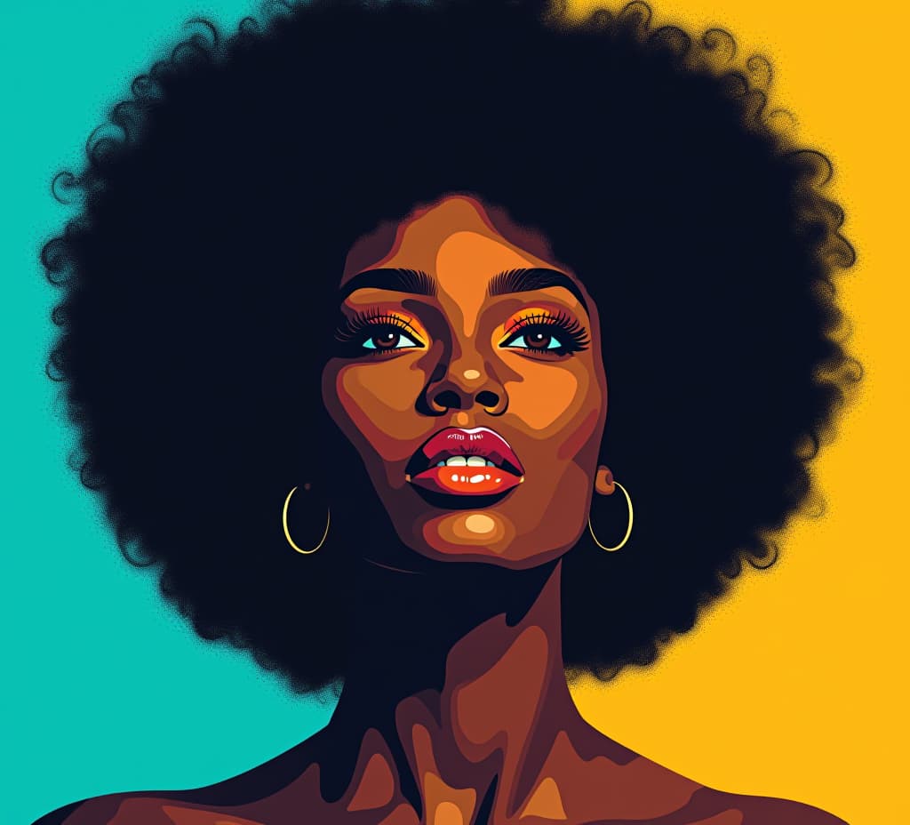  african american woman with voluminous afro hair in a pop art style with bold color contrasts of dark cyan and yellow. perfect for graphic design projects