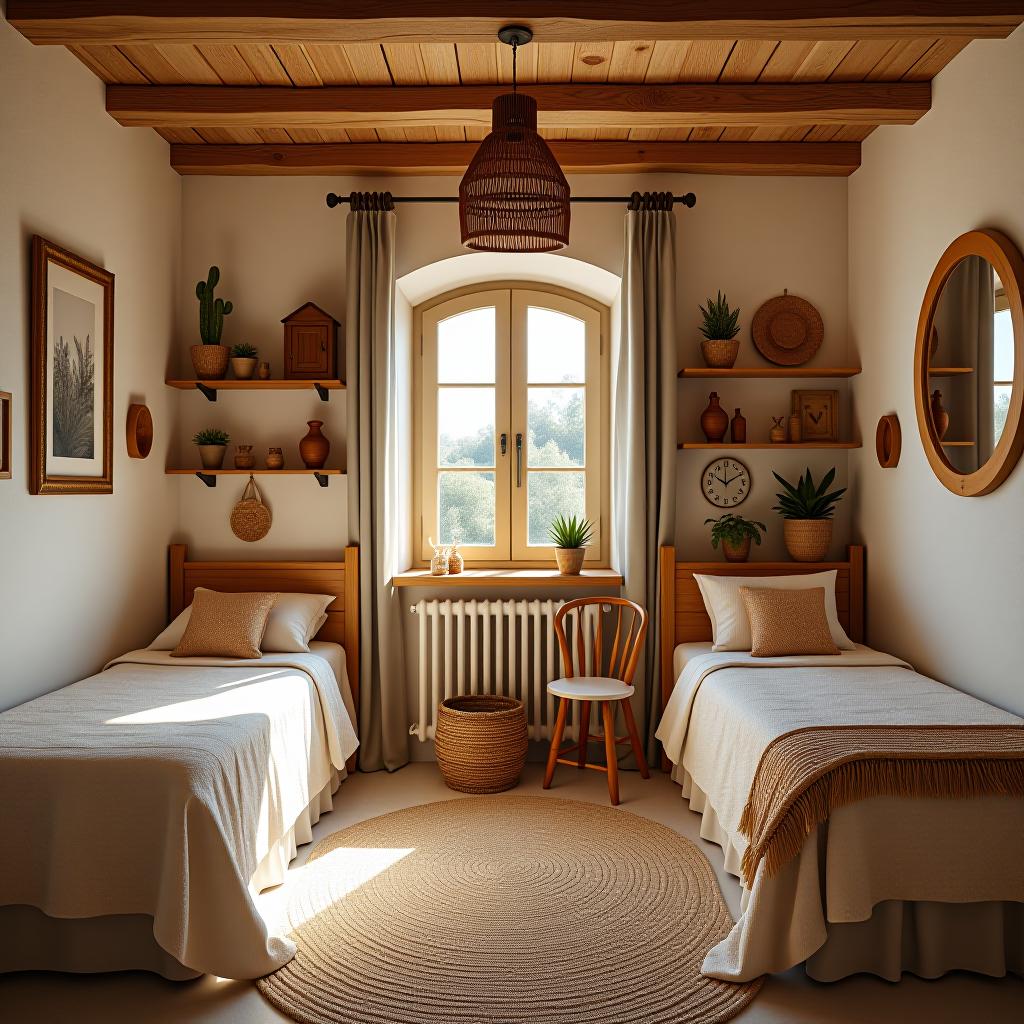  this unedited 8k photograph captures a mediterranean style children's shared room with stunning clarity and hyperrealistic detail. the image, taken in raw format, features a symmetrical balance and intricate design elements, highlighting the warm colors, natural textures, and rustic elements characteristic of mediterranean design. the room's dense furnishings and decorations are beautifully illuminated by bright, soft, diffused light, professionally color graded to enhance the relaxed ambiance. this hdr image, sharp and highly detailed, showcases a stunningly beautiful and professionally color graded scene, perfect for a shared room for multiple children.