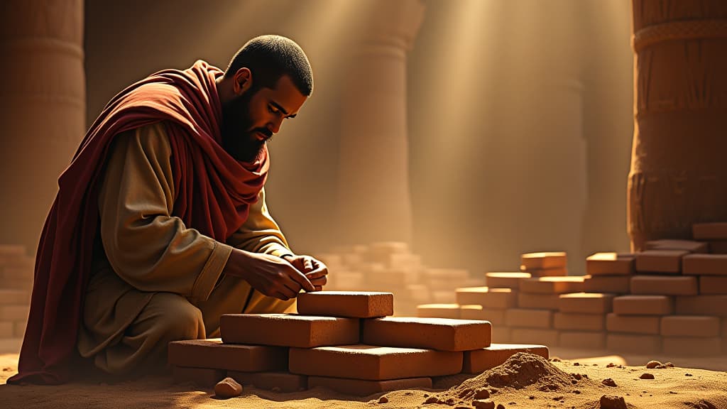  a detailed illustration of the ancient artisans crafting clay bricks for the tower of babel, focusing on their techniques and cultural practices. hyperrealistic, full body, detailed clothing, highly detailed, cinematic lighting, stunningly beautiful, intricate, sharp focus, f/1. 8, 85mm, (centered image composition), (professionally color graded), ((bright soft diffused light)), volumetric fog, trending on instagram, trending on tumblr, HDR 4K, 8K