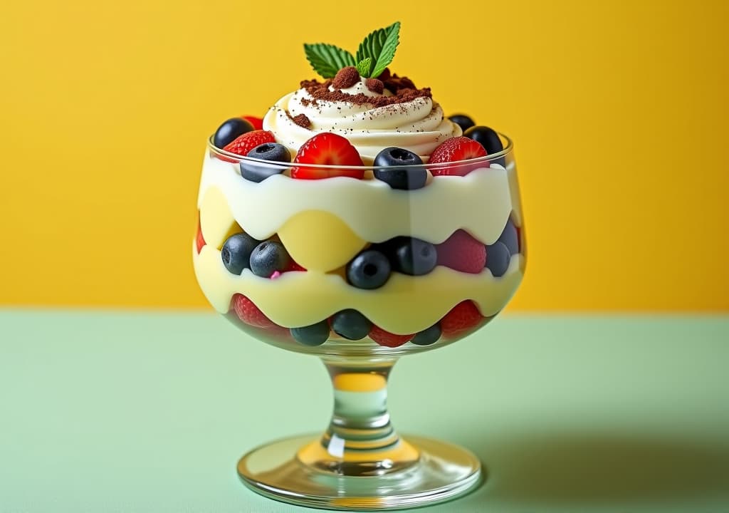  trifle with fresh whipped with chocalate green and yellow background