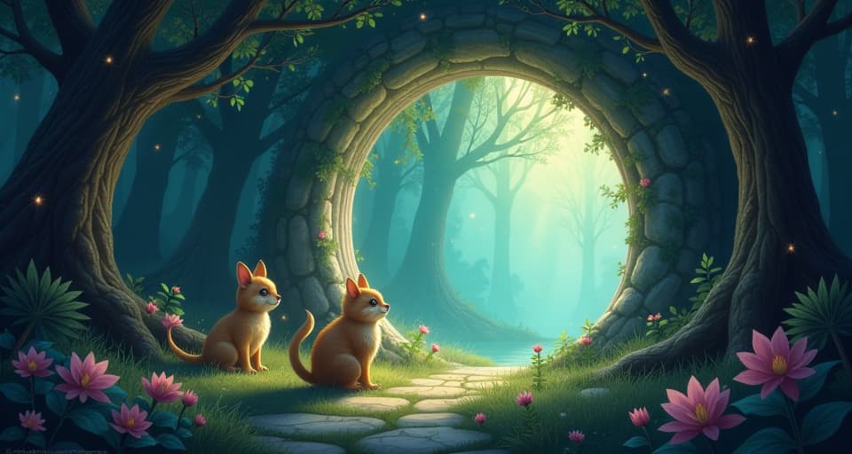  an ethereal portal opening in a luminescent enchanted forest. magical creatures gather around, their eyes filled with curiosity and anticipation, soft glowing light emphasizing the sense of a significant transition.. the style is digital art illustration,highly detailed, whimsical,magical, dreamlike atmosphere, realism and fantasy blend, smooth, glossy textures,luminous quality, wonder and enchantment.