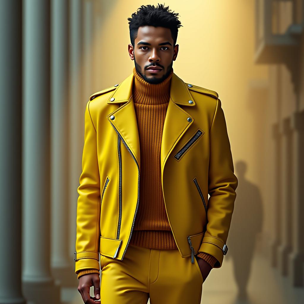  design a yellow leather jacket co designed by hugo boss hyperrealistic, full body, detailed clothing, highly detailed, cinematic lighting, stunningly beautiful, intricate, sharp focus, f/1. 8, 85mm, (centered image composition), (professionally color graded), ((bright soft diffused light)), volumetric fog, trending on instagram, trending on tumblr, HDR 4K, 8K