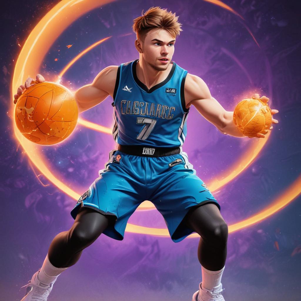 distance-shot, flashy, full-body, dynamic, holographic, animated cartoon poster of luka doncic in the style of dragon ball super